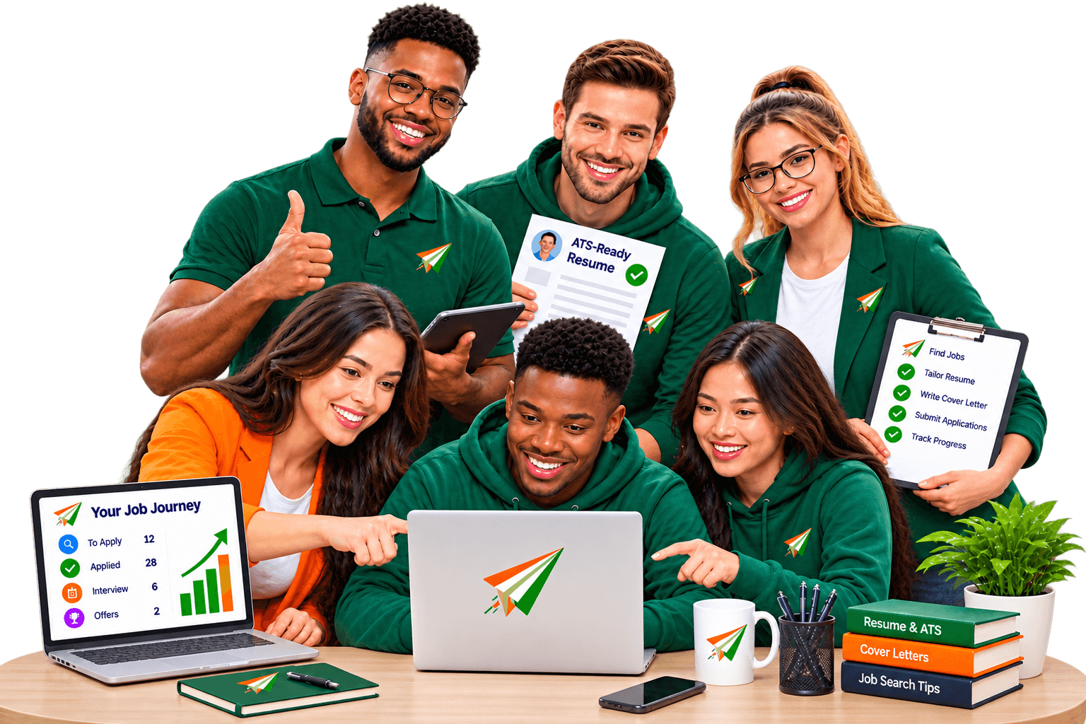 Illustration of people collaborating on CVs and job applications.