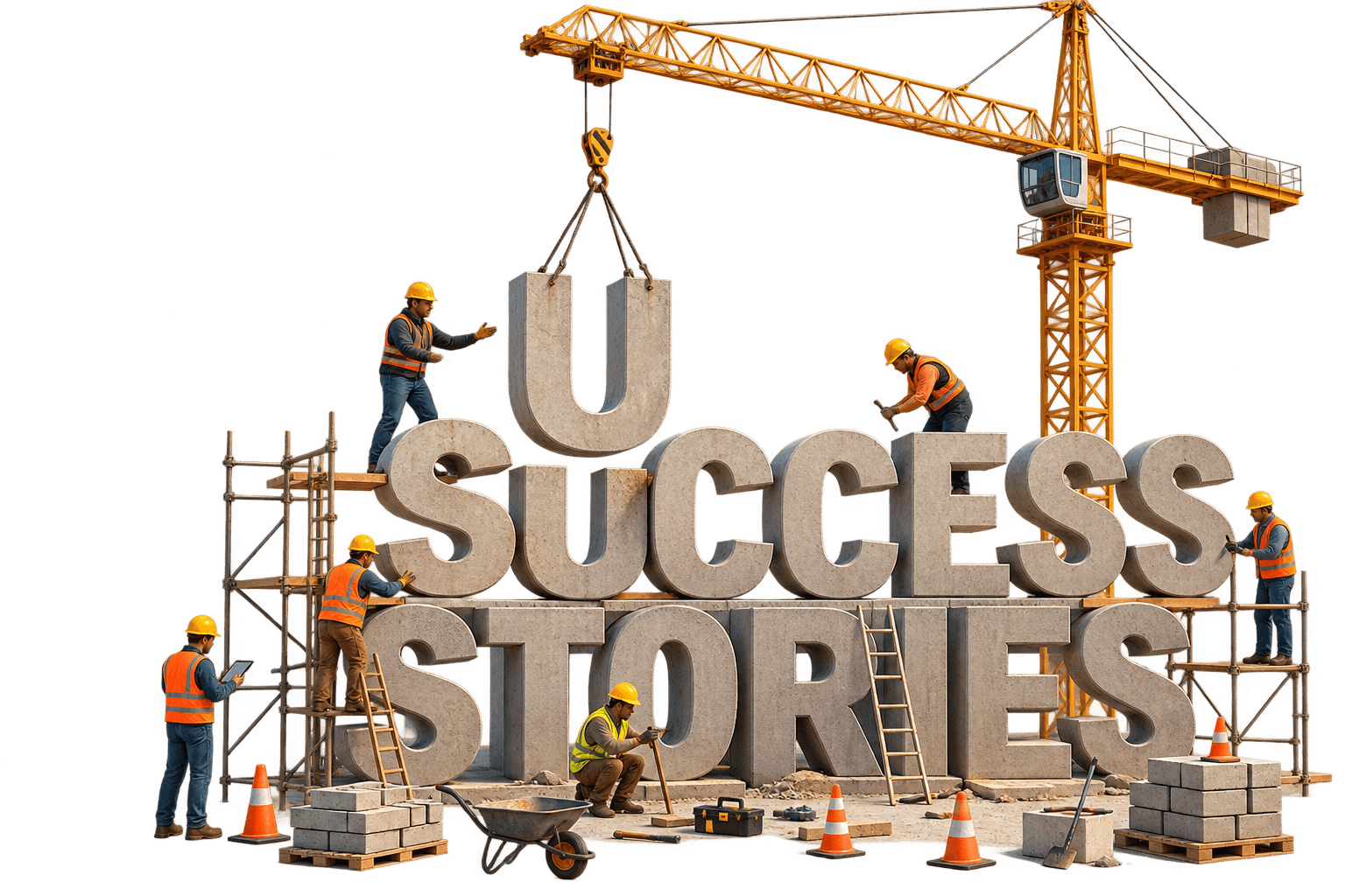 Construction workers building large Success Stories lettering beneath a crane